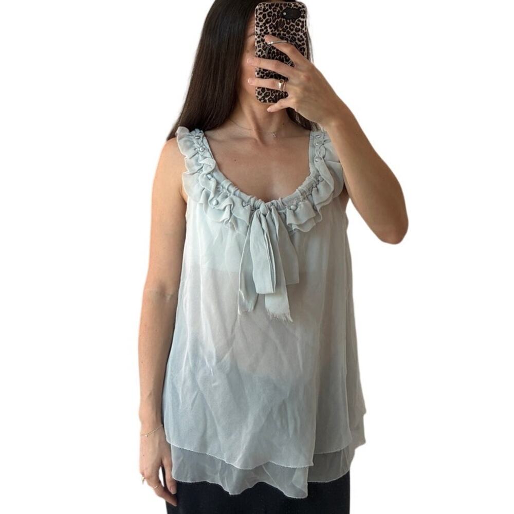 Robert Rodriguez Light Blue Silk Chiffon Scoop Neck Ruffle Tie Blouse Top Size 2